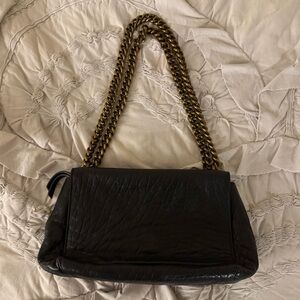 Gerard Darel Black Leather Shoulder Bag with Gold Chain